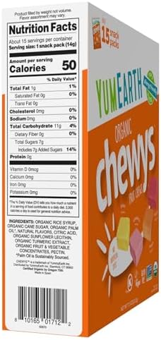 YumEarth Organic Chewys Fruit Flavored Candy Chews - Allergy Friendly, Gluten Free, Non-GMO, Vegan, No Artificial Dyes - Assorted Flavors, 7.5 oz.