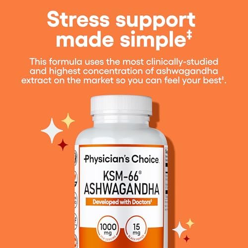Physician's CHOICE KSM-66 Ashwagandha Root Powder Extract 1,000mg - Organic - with Black Pepper for Maximum Absorption - 5% Withanolides - Stress, Mood & Athletic Support - 60 Vegan Capsules