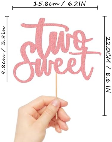 Two Sweet Cake Topper - Glitter Pink 2nd Birthday Cake Decorations, Second Anniversary Cake Pick (Pink)