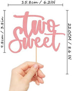 Two Sweet Cake Topper - Glitter Pink 2nd Birthday Cake Decorations, Second Anniversary Cake Pick (Pink)