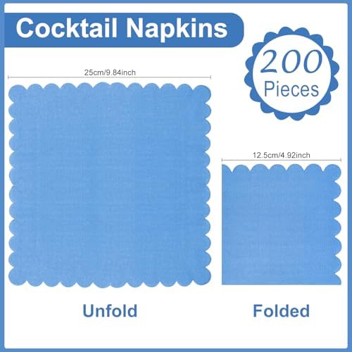 200 Pieces Cocktail Napkin, Sublaga 2-Ply Scalloped Edged Dessert Napkins Folded 5 x 5 Inches Disposable Gradient Color Paper Napkins for Dinner Wedding Birthday Baby Shower Party, Blue