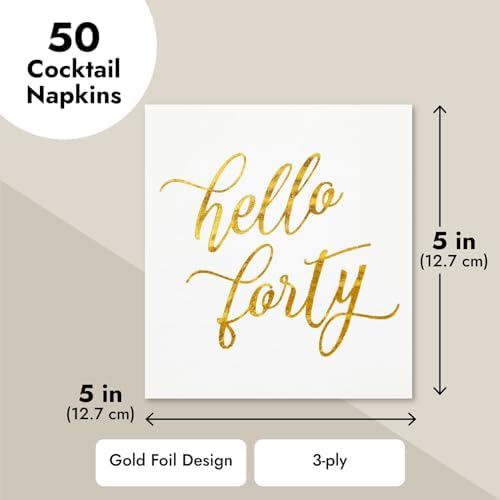 BLUE PANDA 40th Birthday Napkins - 50-Pack, 5 x 5 In Folded, White with Gold Foil Hello Forty Script - 3-Ply Absorbent Disposable Cocktail Napkins for Women & Men