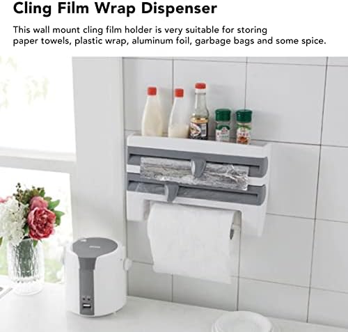 PerGar Kitchen Cling Film Rack, Plastic Wrap Dispenser With Cutter, Wall Mount Sauce Bottle Storage Rack, Multi Function Kitchen Cling Film Foil Dispenser with Screws (Grayish Blue)