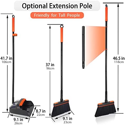 JEHONN Broom and Dustpan Set for Home, Long Handle Lightweight 180 Degree Rotating Broom Set Indoor, Upright Standing Dust Pan with Comb Teeth, Store Sweep Set for Room Kitchen Office Lobby