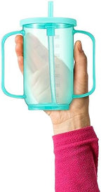 Sliner Adult Sippy Cups for Elderly 12 oz Straw Sippy Cups with 2 Handles No Spill for Adults Spill Proof Dysphagia Cup for Disabled Patients(Turquoise)