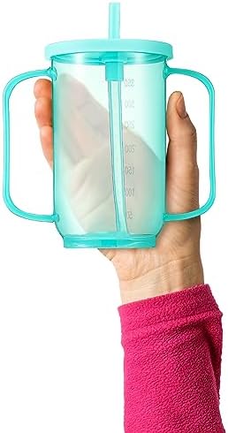 Sliner Adult Sippy Cups for Elderly 12 oz Straw Sippy Cups with 2 Handles No Spill for Adults Spill Proof Dysphagia Cup for Disabled Patients(Turquoise)