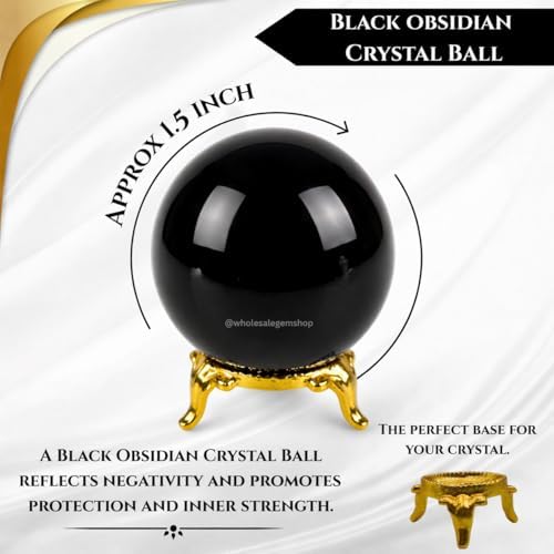 WholesaleGemShop Natural Black Obsidian Quartz 40-45 mm Ball Sphere Gemstone A+ with Stand Hand Carved Crystal Altar Healing Devotional Focus Spiritual Chakra Cleansing Metaphysical Gift for Men Women