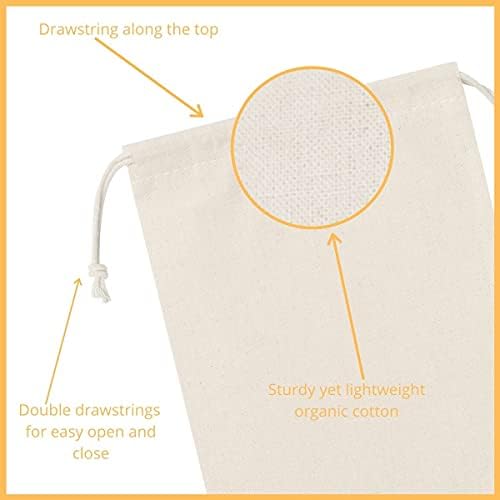 Drawstring Bags 100 Percent Cotton Bulk Wholesale - Heavy Duty Quality Pack of 100 - Size 6 x 8 (Natural Unbleached Cotton - Double Drawstring)