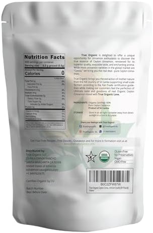 True Organic Ceylon Cinnamon Sticks, 16 Oz Bulk Bag, USDA Organic & Kosher Certified, Non-GMO, Ceylon Cinnamon stick, Perfect for Baking, Cooking, Drinks & Beverages, Pure Ceylon Premium Quality [01 Pound]