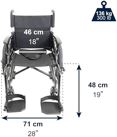 KMINA All Terrain Self Propelled Wheelchair (18 Inch Wide Seat), Folding and Lightweight in Aluminium, Foldable Backrest, Adjustable Armrests, Lap Belt and Hand Brake