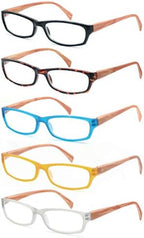 MODFANS 5 Pack Reading Glasses Women Men,Wood-Look Square Readers Spring Hinges 5 Pouch