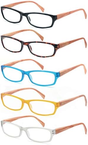 MODFANS 5 Pack Reading Glasses Women Men,Wood-Look Square Readers Spring Hinges 5 Pouch