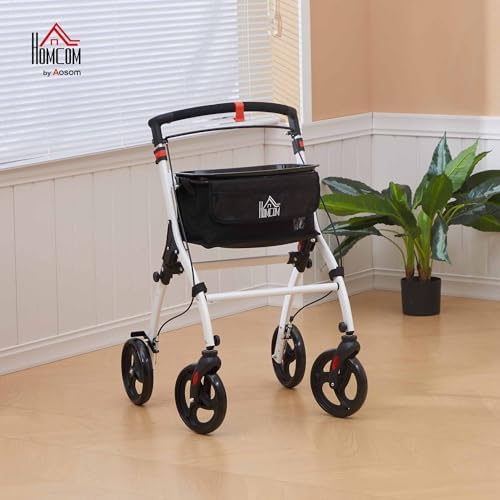 HOMCOM Upright Walker for Seniors for Tall Men, FSA HSA Eligible Rollator Walker Stand Up Walking Aid with Storage Bag, Tray, Dual Brakes, Adjustable Handle Height, White
