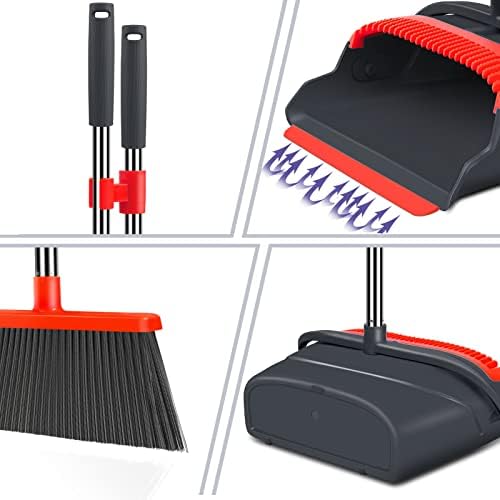 kelamayi Upgrade Broom and Dustpan Set, Broom with Dustpan Combo Set, Large Size and with Long Handle, Upright,Ideal for Indoor Outdoor Garage Kitchen Room Office Lobby Use (Black&Red)