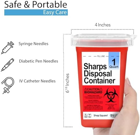 Sharps Containers for Home Use - 1 Quart (1-Pack) Biohazard Syringe and Needle Disposal Containers - Small Sharps Box for Travel and Professional Use