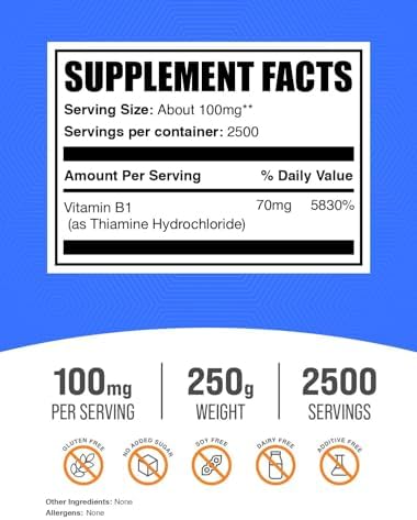 BulkSupplements Thiamine HCl Powder - Thiamine Hydrochloride, B1 Vitamins, Thiamine B1 Supplement, Thiamine 100mg - Gluten Free, 100mg per Serving, 250g (8.8 oz) (Pack of 1)