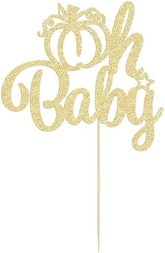 Gyufise 1Pc Pumpkin Oh Baby Cake Topper Glitter Fall Theme Pumpkin Baby Shower Cake Pick Decorations for Baby Shower Kids Birthday Thanksgiving Party Supplies Gold