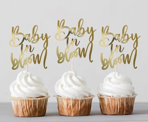 12Pcs Gold Foil Baby in Bloom 2.3 * 4.3inch Cupcake Topper Picks for Birthday Gender Reveal Baby Shower Party Cake Decorations