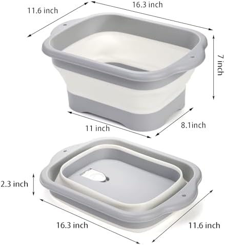 Nicunom 2 Pack Collapsible Wash Basin, 11L Large Collapsible Dish Tub with Drain Plug 3 Gallons Portable Sink Dish Basin Foldable Dishpan Space Saving for RV, Camping Dish Washing Tub