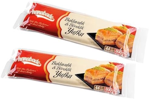 Hanabade Turkish Phyllo Dough (Yufka) – Very Thin Filo Pastry Sheets for Baklava and Borek, Partially Pre-Baked, 44 pcs, 1.75 lb (800 g) (2, wheat)