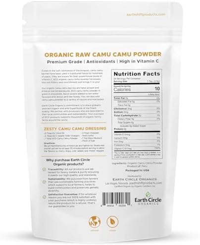 Earth Circle Organics Camu Camu Powder – Organic Raw Berry Powder with Natural Vitamin C & Antioxidants – Vegan, Kosher, Non-GMO Superfood for Immunity & Energy – 3oz (Pack of 1)