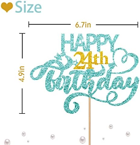Sky Blue Glitter Happy 24th Birthday Cake Topper, 1 x 6.3" x 3.5" Cardboard & Wood, Perfect for Birthday Parties