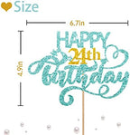 Sky Blue Glitter Happy 24th Birthday Cake Topper, 1 x 6.3" x 3.5" Cardboard & Wood, Perfect for Birthday Parties
