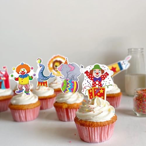 48Pcs Edible Circus Cupcake Toppers Wafer Paper Circus Animals Party Cake Toppers Picks Carnival Theme Baby Shower Kids Birthday Party Supplies