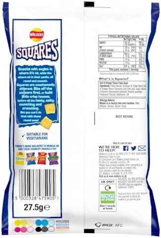 Walkers Squares Salt and Vinegar Snacks, 27.5 g (32 Count)