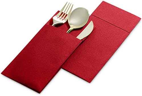 50-Pack Disposable Linen-Feel Dinner Napkins with Built-in Flatware Pocket, BRIGHT RED Prefolded Cloth Like Paper Napkins For Christmas, Dinner, Wedding Or Party [Silverware NOT Included]