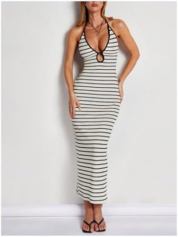 Milumia Women's Knitted Striped Backless Cut Out Halter V Neck Dress Sleeveless Bodycon Maxi Dresses