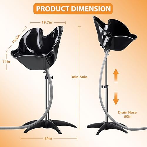 Portable Shampoo Bowl，Shampoo Basin Salon Sink Hair，Height & Angle Adjustable Hair Washing Bowl with Drain Hose，Black