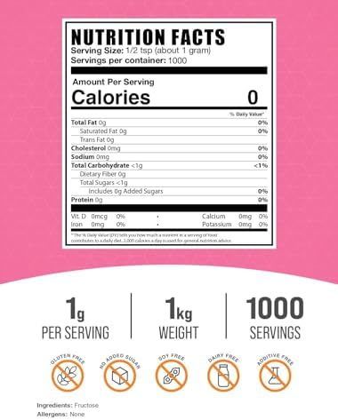 BulkSupplements.com Fructose Powder - Fructose Sugar, Zero Calorie Sweetener - Food Grade & Gluten Free, 1g per Serving, 1kg (2.2 lbs) (Pack of 1)