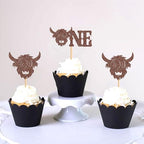 Ercadio 24 Pack Highland Cow One Cupcake Toppers Glitter Farm Animals Brown Highland Cattle Cake Picks Gender Reveal Theme Baby Shower Kids Boys Girls Birthday Party Cake Decorations Supplies