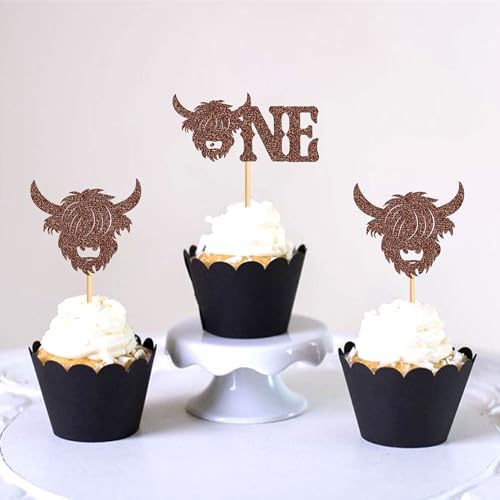 Ercadio 24 Pack Highland Cow One Cupcake Toppers Glitter Farm Animals Brown Highland Cattle Cake Picks Gender Reveal Theme Baby Shower Kids Boys Girls Birthday Party Cake Decorations Supplies