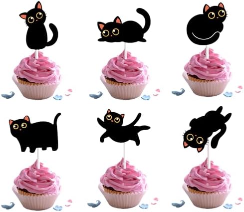 18pcs Cute Black Cat Cupcake Toppers for Boys Girls Pet Baby Shower Kitten Meow Party Supplies Favor Glitter Black Cat Themed Birthday Party Decorations
