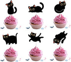 18pcs Cute Black Cat Cupcake Toppers for Boys Girls Pet Baby Shower Kitten Meow Party Supplies Favor Glitter Black Cat Themed Birthday Party Decorations