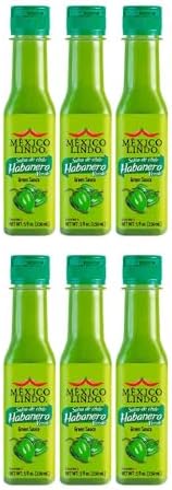 Mexico Lindo Green Habanero Hot Sauce | Real Green Habanero Chili Pepper | 75,900 Scoville Level | Enjoy with Mexican Food, Seafood & Pasta | 5 Fl Oz Bottles (Pack of 6)