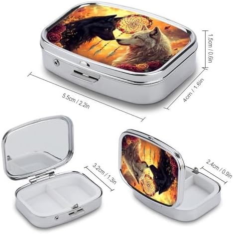 Black and White Wolf Dream Catcher Travel Pill Organizer Portable Pill Box Metal Medical Pill Case for Men Women