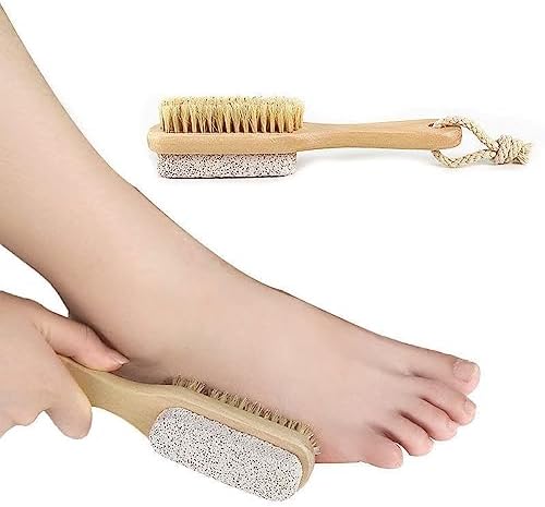 2Pcs 2 in 1 Wooden Handle Foot Brush & Pumice Stone Exfoliating Foot Scrubber Brush Pedicure Tool for Feet Hard Skin Callus Remover Foot Care Suppiles