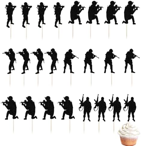 24 Pieces Military Themed Cupcake Toppers，Military soldier birthday cake decoration，Veteran's Day Cake Topper，Men's Birthday Party Decorations supplies