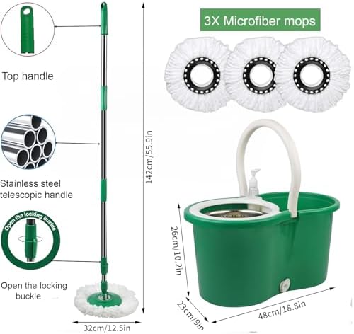 Spin Mop and Bucket with Wringer Set, 360° Spinning Mop Bucket System with 3 Microfiber Mop Replacement Heads Refills,56" Stainless Steel Extended Handle for Floor Cleaning Home Office (20QT) (Green)