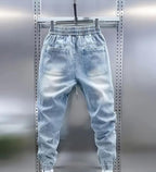 Men's Stretchy Drawstring Jeans Elastic Waist Slim Fit Denim Pants Tapered Regular Washed Jean Pant