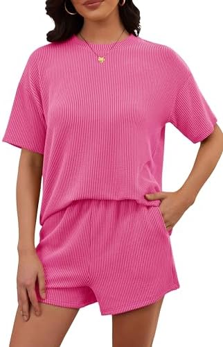 RUBZOOF Women's 2 Piece Sets Short Sleeve Outfits Ribbed Textured Knit Lounge Shorts Set Oversized Tracksuit Matching Sets