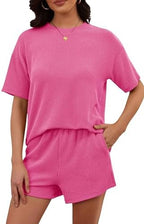RUBZOOF Women's 2 Piece Sets Short Sleeve Outfits Ribbed Textured Knit Lounge Shorts Set Oversized Tracksuit Matching Sets