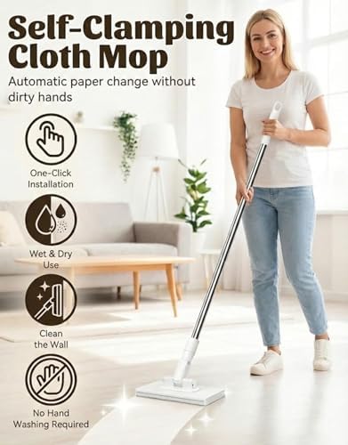 Snap Grip Mini Mop, Hands-Free Cloth Changing with 360° Rotating Head, Zero-Touch Portable Wall Mop for Floor, Tile and Mirror, Universal Pad Compatibility for Any Cloth+ Magic Cleaning Cloth