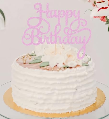 Happy Birthday Cake Topper - Pink Glitter Birthday Party Cake Decoration Supplies, Photo Booth Props