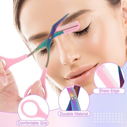 Eyebrow Scissors with Comb and Brush Non Slip Eyebrow Trimmer Scissor for Women Men 2 in 1 Professional Eyebrows Trimmer (Pink)