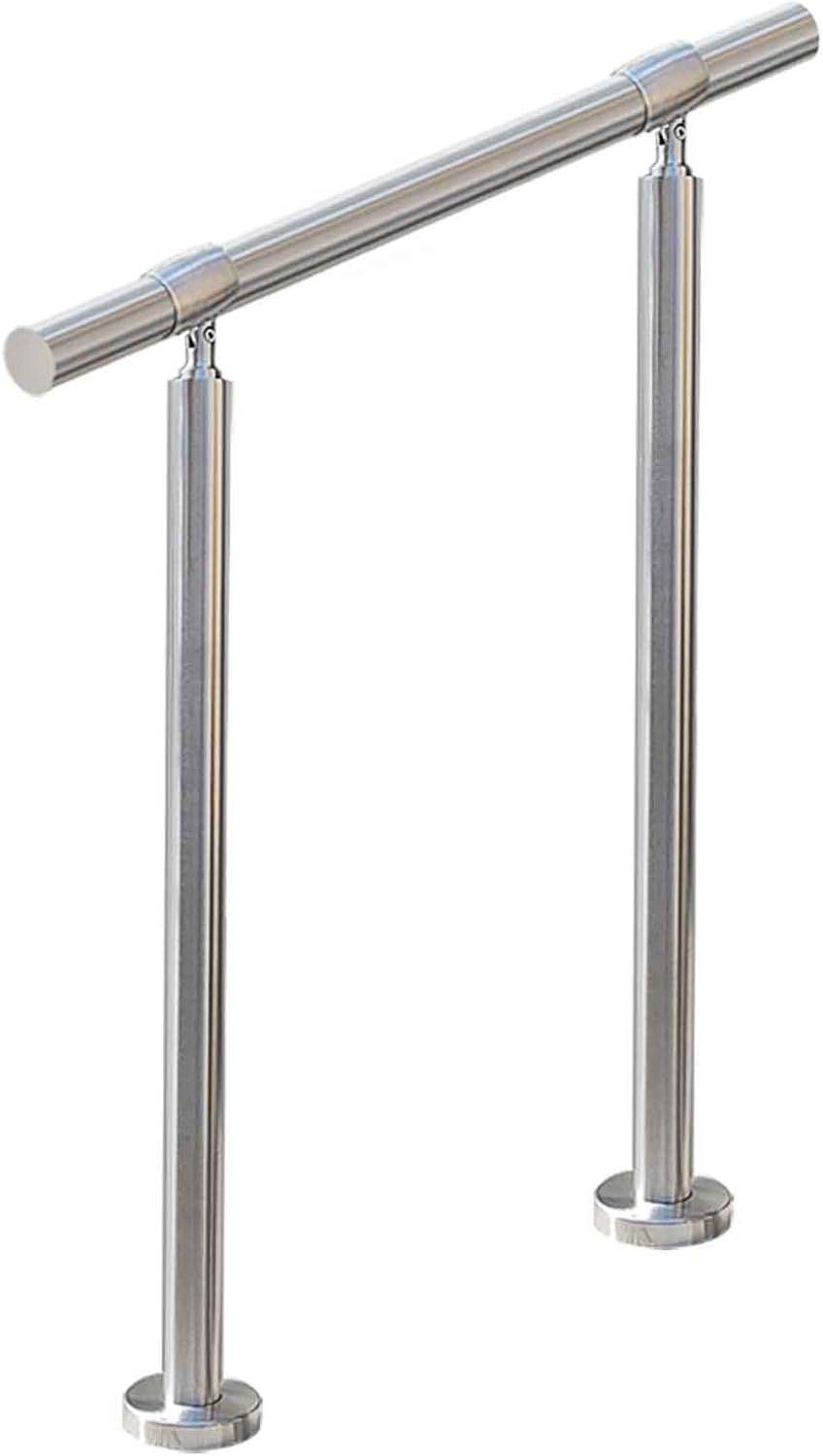2 Step Stair Railing, Handrail for Indoor Outdoor Steps, 1.65" OD Round DIY 304 Stainless Steel Transitional Porch Deck Hand Rail with Installation Kit for Seniors, Silver, 26 x 36 in