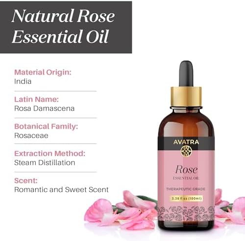 Avatra Rose Essential Oil 100ML (3.38 OZ) with Glass Dropper and Travel Bottle, Pure and Natural Therapeutic Grade Lavender Oil for Diffuser, Aromatherapy, Massage, and DIY Candle Products